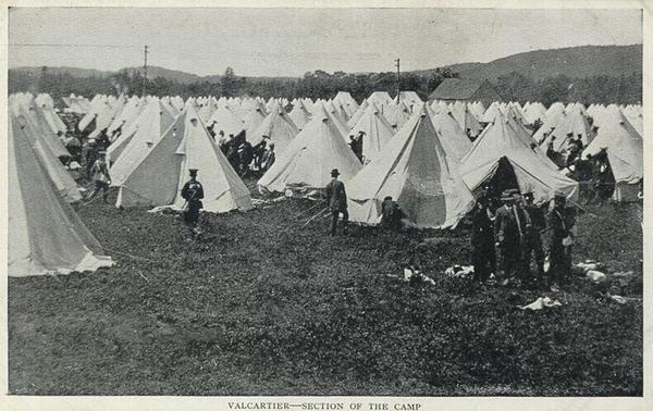 Titre original : Description English: Postcard of the Valcartier military base. Due to the site's proximity to the Quebec City harbour, Valcartier was hastily set up as a military camp upon the commencement of the First World War, ultimately becoming the largest military base on Canadian soil during the war and serving as the main embarkation point for troops headed to Europe. Date circa 1914(1914) Source This image is available from the Bibliothèque et Archives nationales du Québec under the reference number P547S1SS1SSS1D513P019R This tag does not indicate the copyright status of the attached work. A normal copyright tag is still required. See Commons:Licensing for more information. Boarisch | Česky | Deutsch | Zazaki | English | فارسی | Suomi | Français | Magyar | Македонски | Nederlands | Português | Русский | Tiếng Việt | +/− Author Unknown Permission (Reusing this file) Public domainPublic