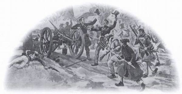 Titre original&nbsp;:  Patriotes prenant une pièce d'artillerie britannique au cours de la bataille de Saint-Denis, le 23 novembre 1837